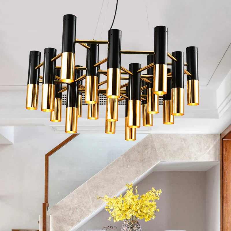 Afralia™ Metal Tube LED Chandelier, Black Gold Pipe Hanging Light