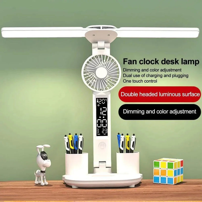 Afralia™ Rechargeable LED Desk Lamp with Fan and Clock Display