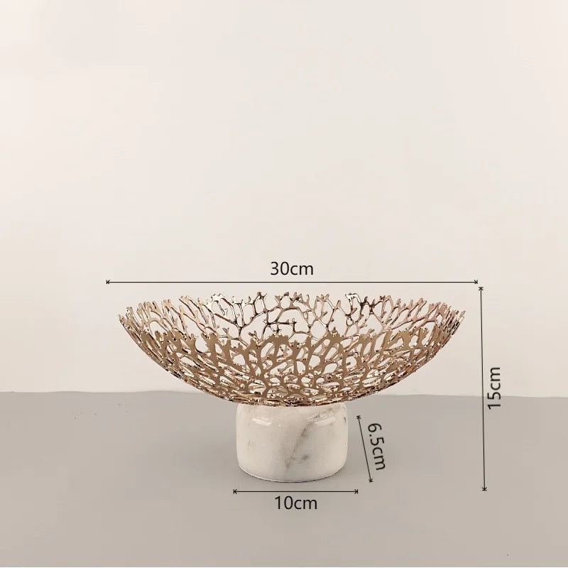 Afralia™ Coral Disc Pedestal | Metal Tray Marble Base Fruit Plate Gold Compote