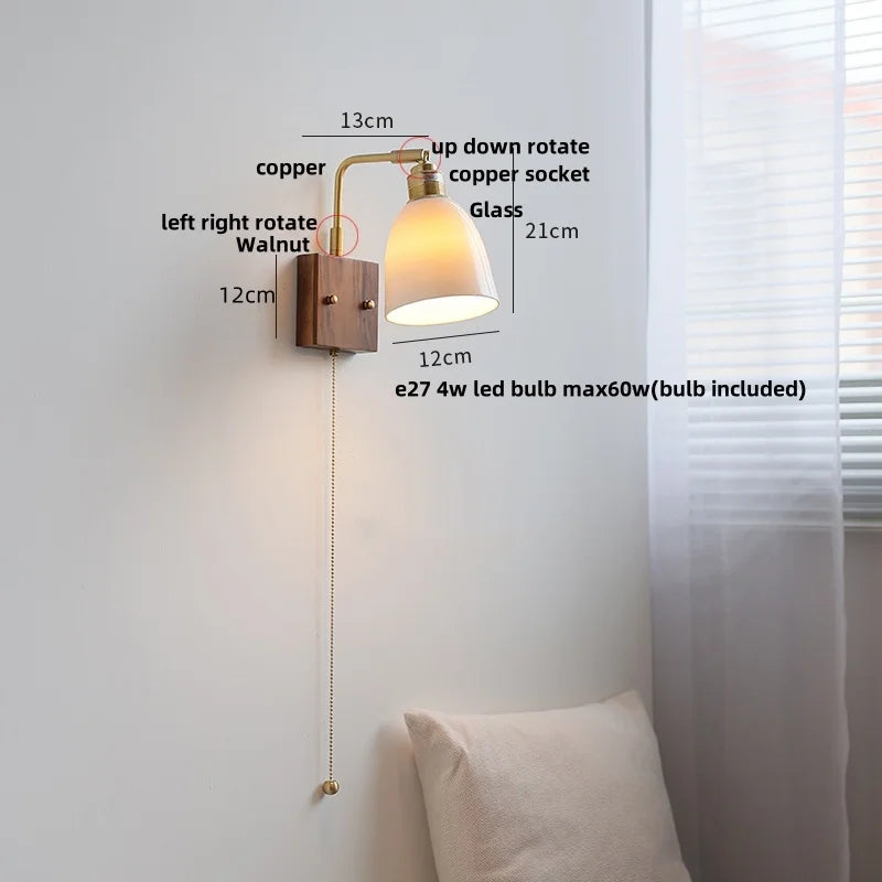 Afralia™ Walnut Wood Rotatable LED Wall Sconce White Glass Bedside Lamp