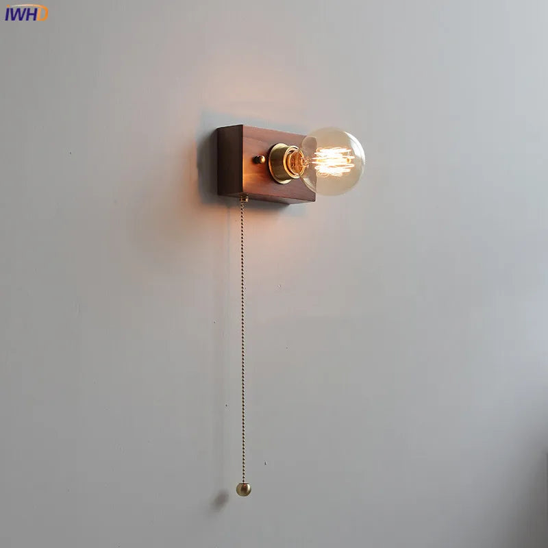 Afralia™ Square Walnut Wood LED Wall Light with Pull Chain Switch for Bedroom and Living Room