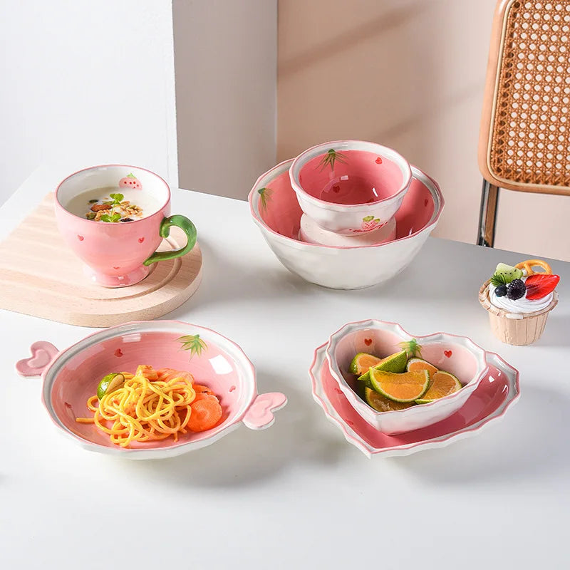 Afralia™ Strawberry Love Ceramic Tableware Set: Hand-Painted Pink Rice Soup Bowl & Plate