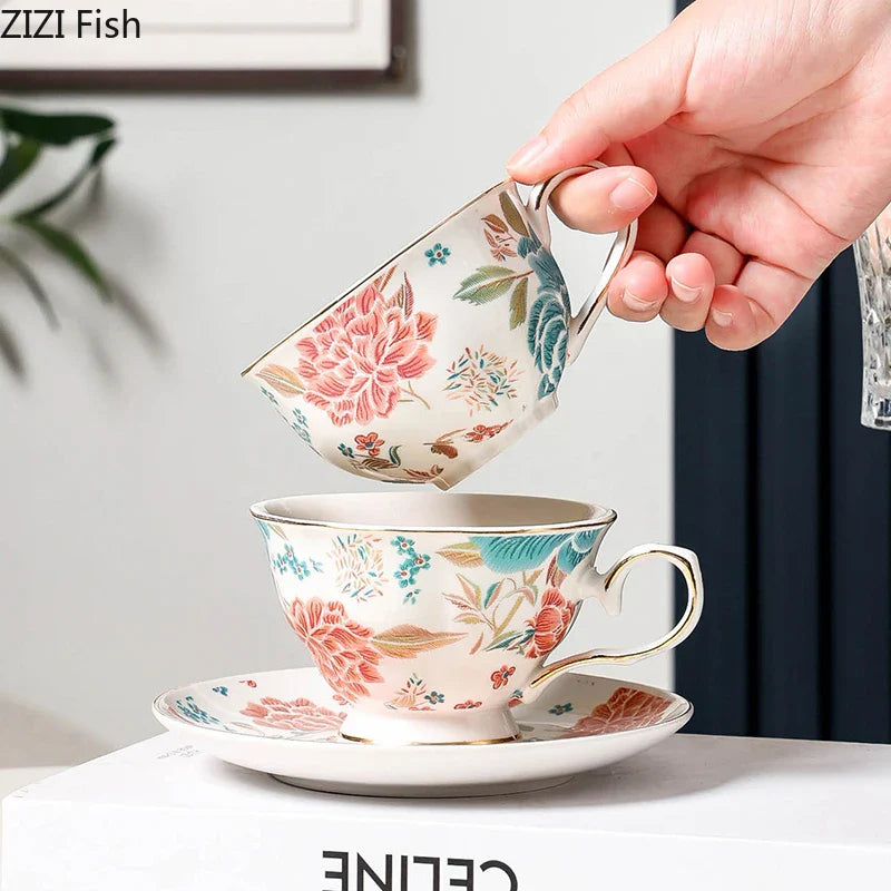 Afralia™ Painted Floral Teacup with Golden Edge - Porcelain Mug for Coffee and Tea