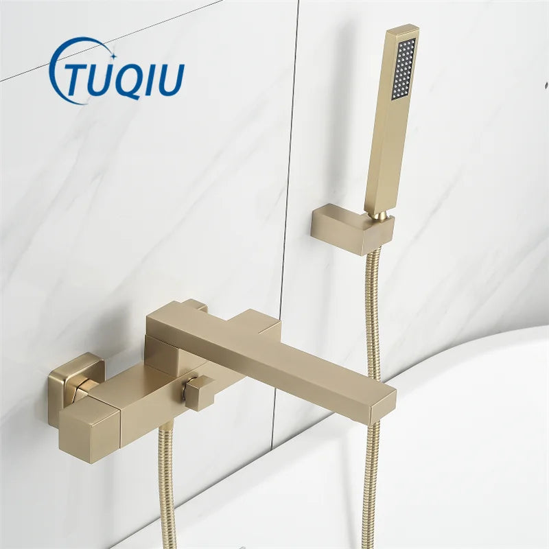 Afralia™ Brushed Gold Wall Mounted Waterfall Bathtub Shower Set Mixer Tap