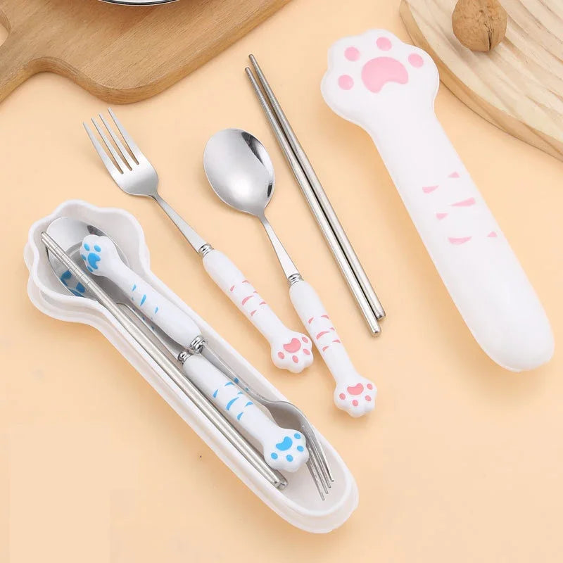 Afralia™ Kawaii Cat Claw Cutlery Set for Kids - Portable Outdoor Tableware Kit