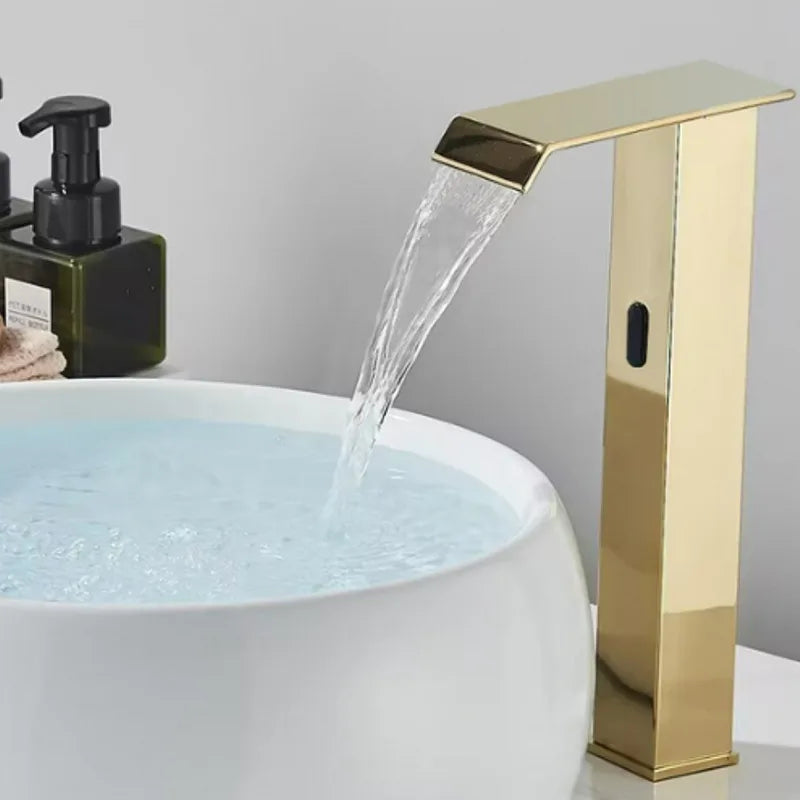 Afralia™ Gold Sensor Waterfall Basin Faucet Automatic Touchless Hot Cold Mixer Bathroom