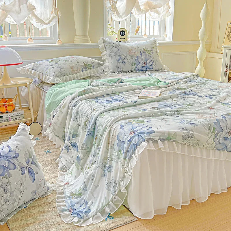 Afralia™ Floral Print Lace and Ruffle Summer Quilt: Skin-Friendly, Breathable Comforter