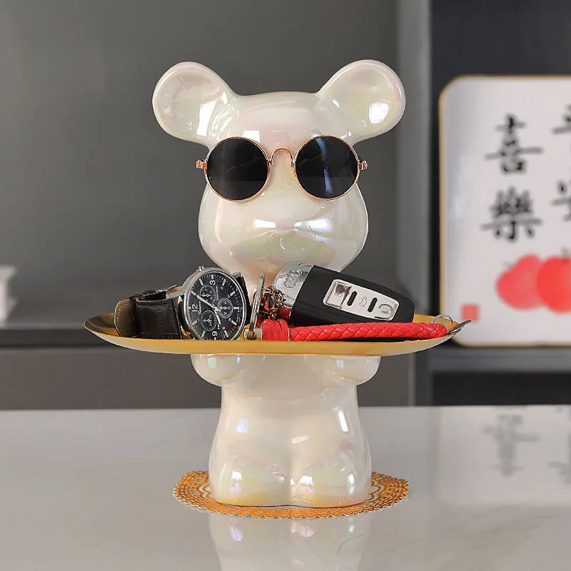 Afralia™ Ceramic Sunglasses Bear Figurine Tray Piggy Bank Home Decoration