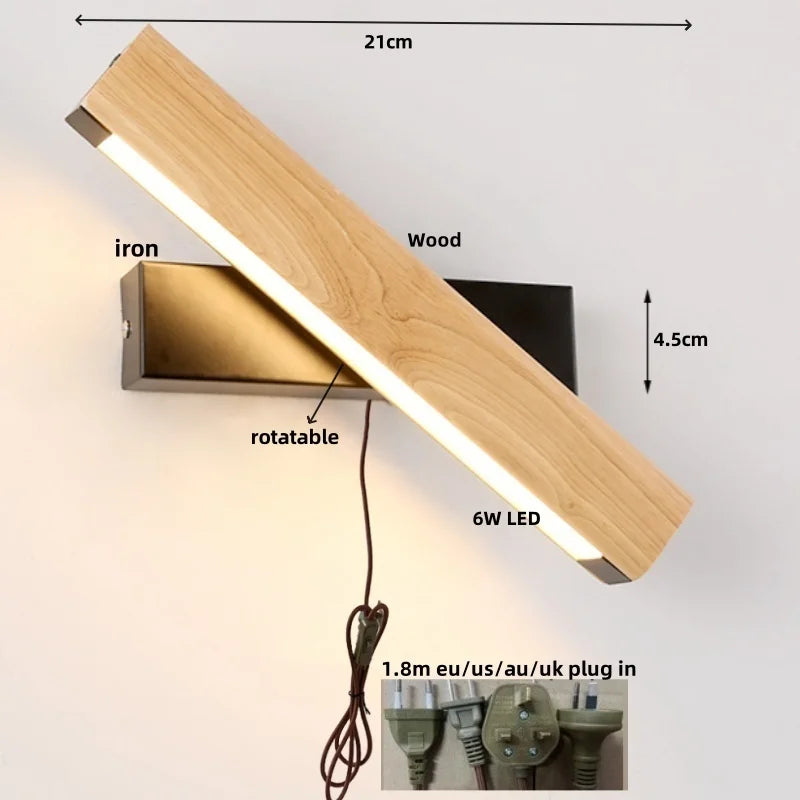 Afralia™ Rotatable Nordic LED Wall Sconce Pull Chain Switch Wood Stair Light