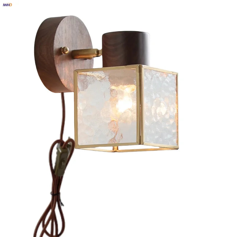Afralia™ Modern Walnut Wood LED Wall Light Fixture Glass Bedroom Living Room Sconce