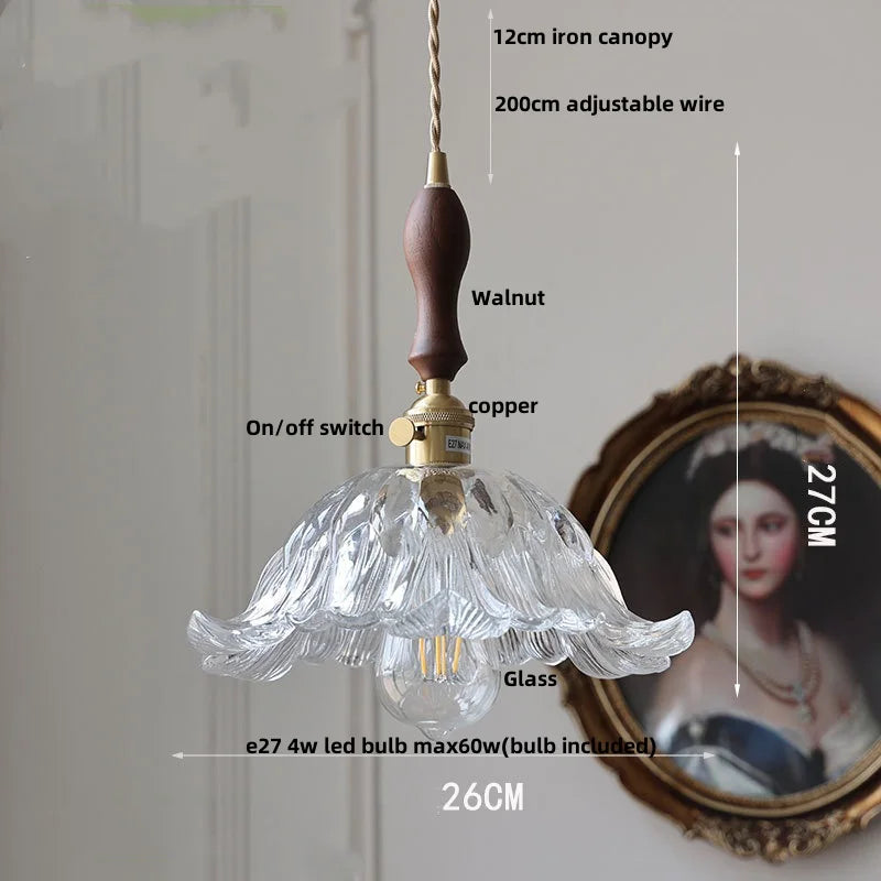 Afralia™ Green Glass LED Pendant Lights with Walnut Wood Hanging Lamp