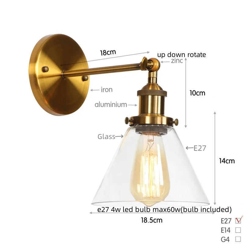 Afralia™ Clear Glass Iron LED Wall Sconce Rustic Industrial Vintage Plug In Light