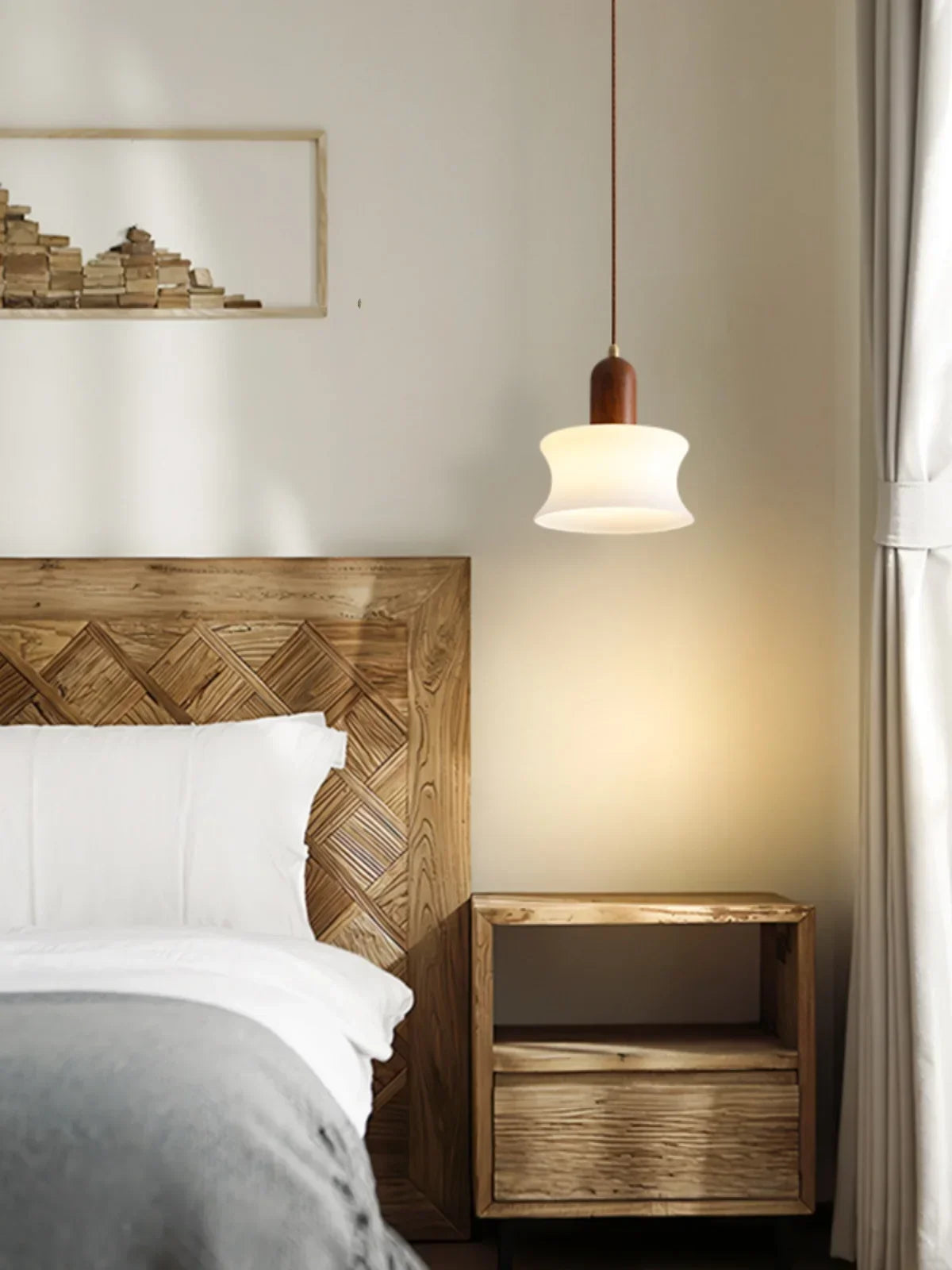 Afralia™ Wood Glass Pendant Light E27 Fixture Kitchen Dining Room Chandelier