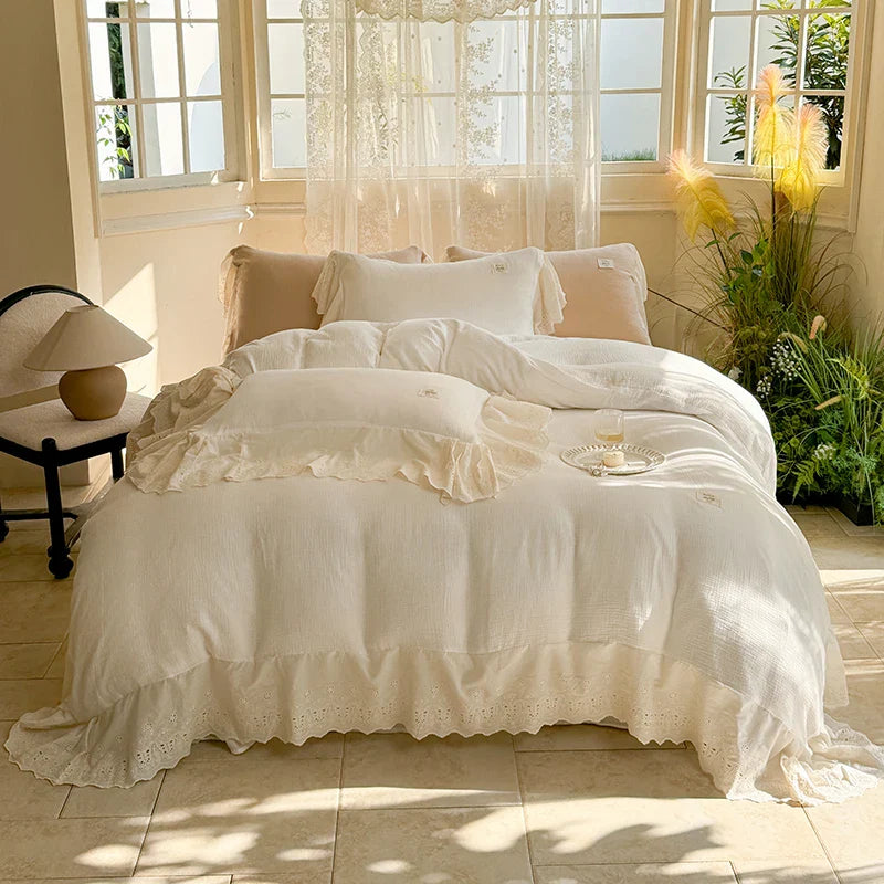 Afralia™ Lace Ruffles Princess Wedding Bedding Set in Pure Cotton Skin-friendly Fabric
