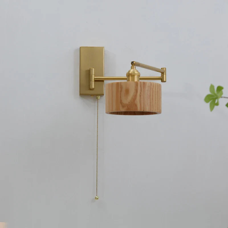 Afralia™ Wooden Lampshade Wall Sconce with Pull Chain Switch for Bedroom Bathroom Mirror