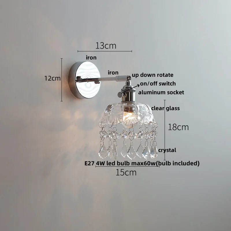 Afralia™ Crystal Iron LED Wall Light Modern Bedside Lamp Clear Glass Wandlamp