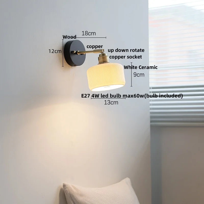 Afralia™ Copper LED Wall Lights Pull Chain Switch Modern Bedside Lamp Wood White Ceramic