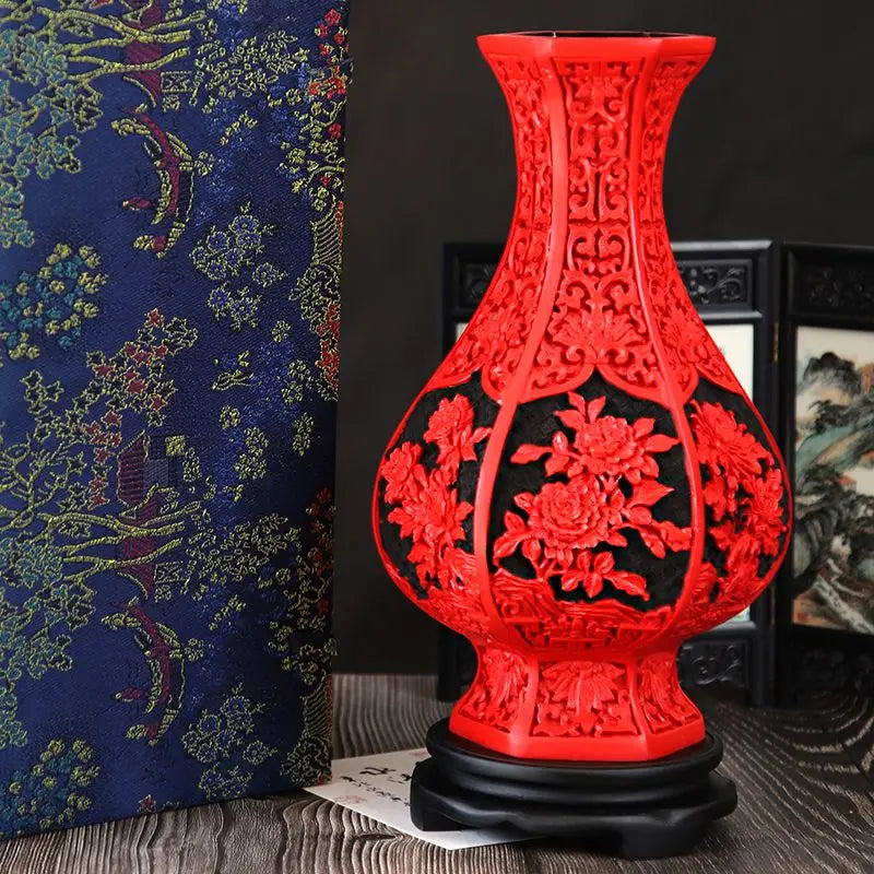 Afralia™ 10-inch Red Lacquerware Flower Auspicious Vase