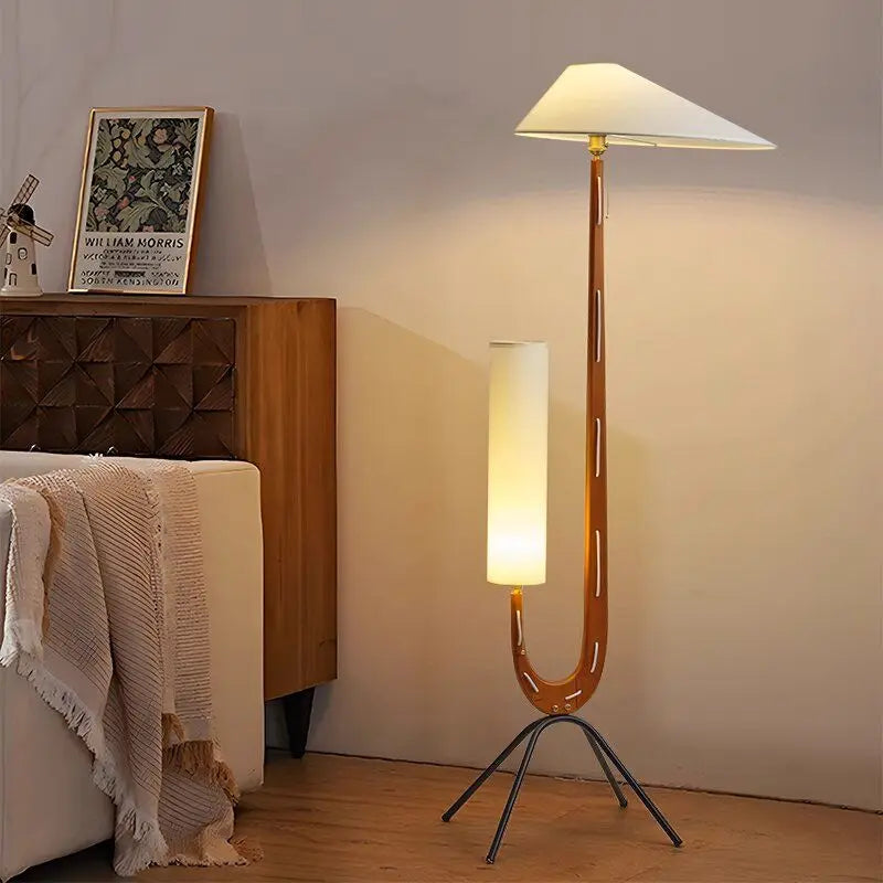 Afralia™ Solid Wood Fabric LED Floor Lamp Vintage Living Room Bedroom Standing Light