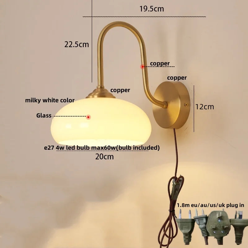 Afralia™ Glass LED Wall Sconce with Pull Chain Switch for Coffee Bedroom - Copper Nordic Stair Light