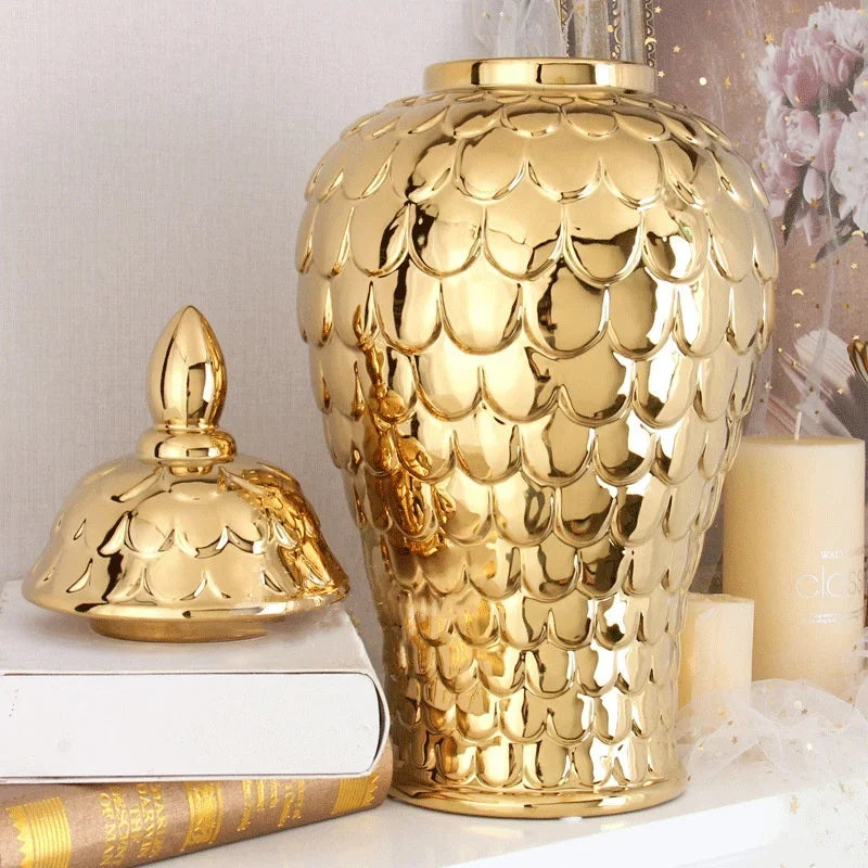 Afralia™ Geometric Golden Porcelain Jar - Home Decor Vase & Storage Tank
