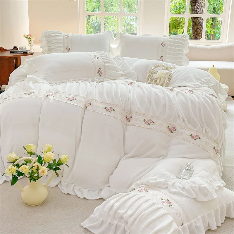 Afralia™ Pleat Lace Ruffle Princess Fleece Bedding Set