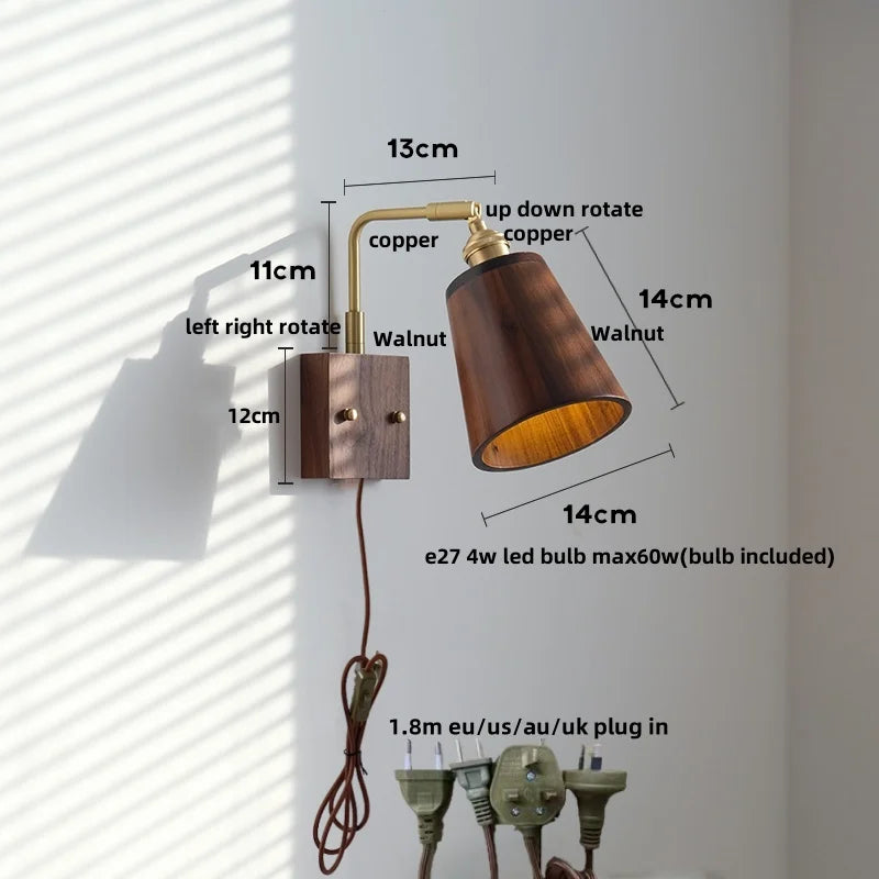 Afralia™ Walnut Wood LED Wall Lamp Sconce with Pull Chain Switch Rotation Mirror Light