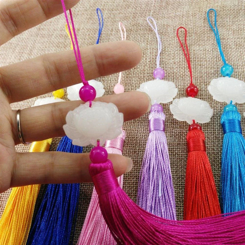 Afralia™ Colorful Brush Tassel White Jade Lotus Hanging Ears Decorative Pendant