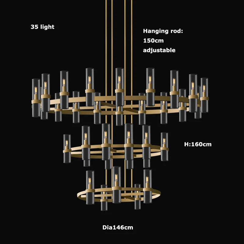 Afralia™ Modern Copper Glass Black Gold Round Chandelier LED Lighting Fixture