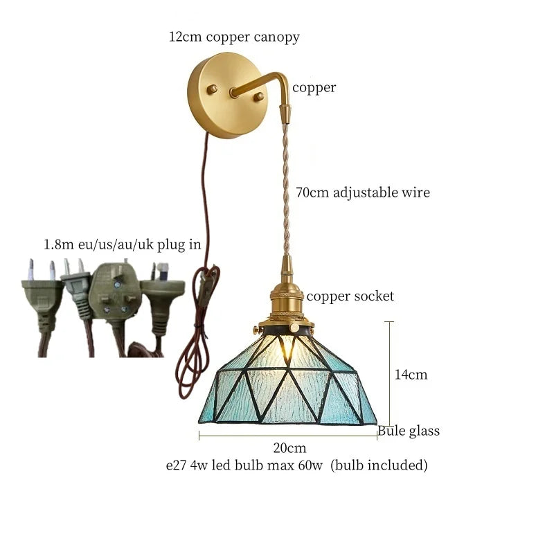 Afralia™ Tiffany Glass LED Wall Lamp Pull Chain Switch Vintage Copper Wall Lights