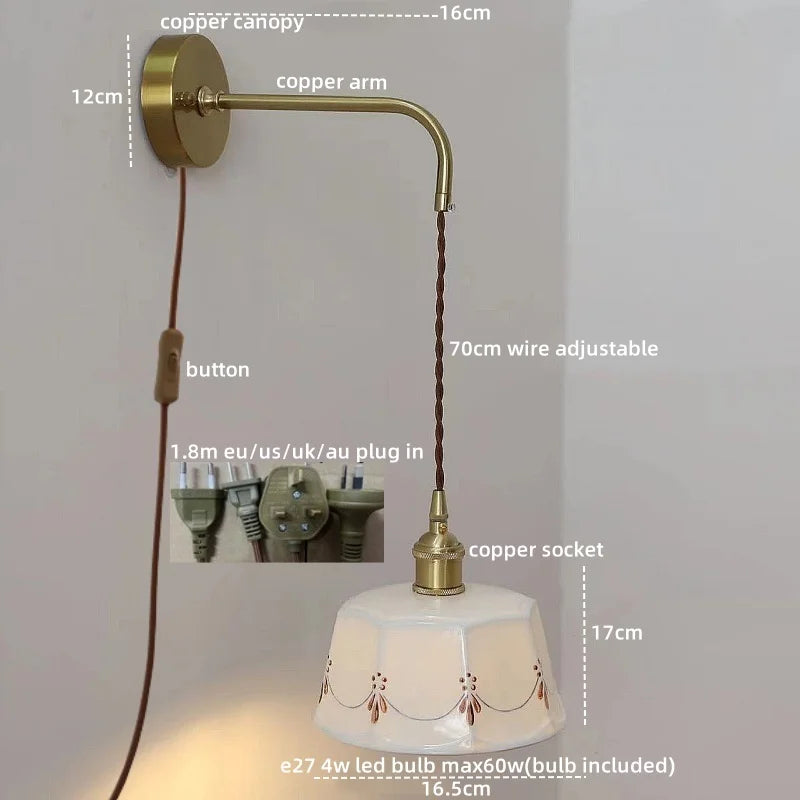 Afralia™ Ceramic Hand-painted LED Wall Light, Pull Chain Switch, Modern Bedside Lamp