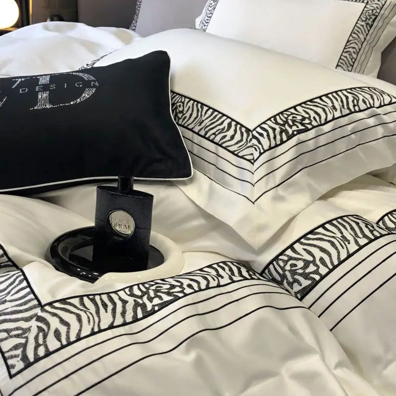 Afralia™ Zebra Print Embroidery 1000TC Egyptian Cotton 4Pcs Bedding Set - Queen King Size
