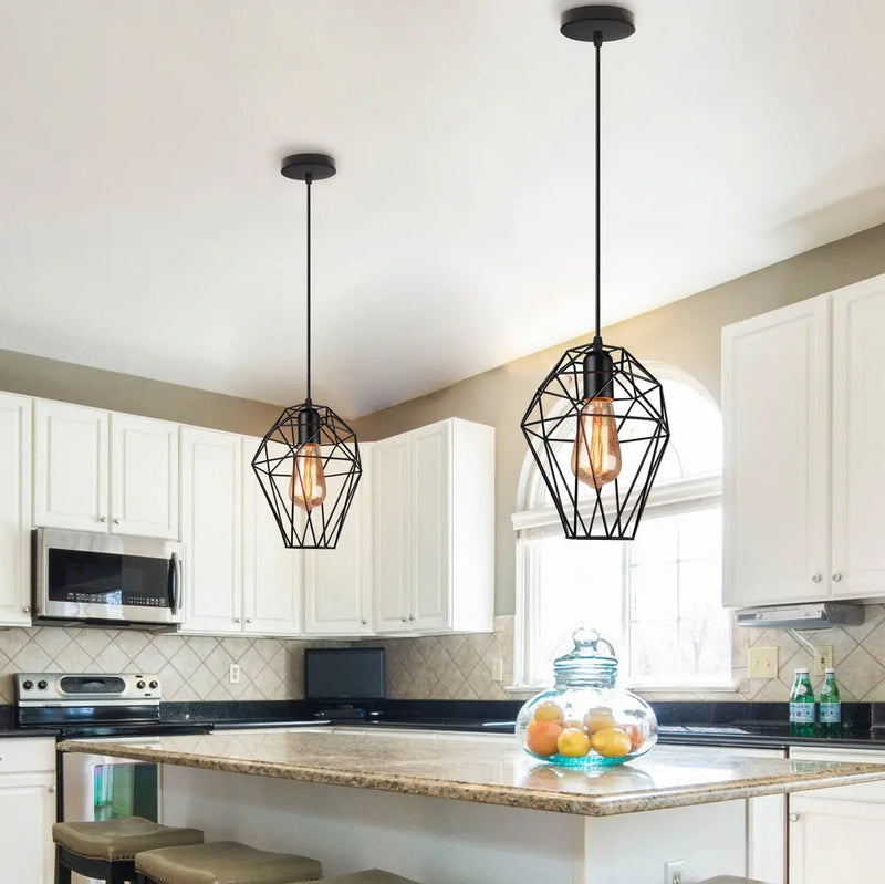 Afralia™ Black Metal Cage Pendant Light - Vintage Industrial Loft Kitchen Lighting