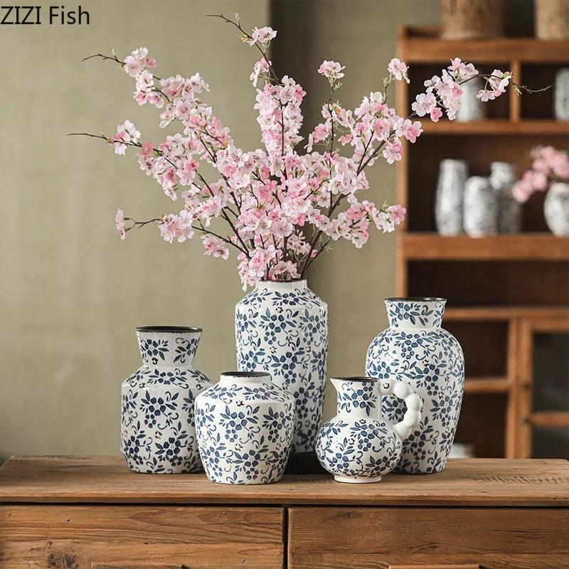 Afralia™ Blue White Porcelain Vase Hydroponic Ceramic Flower Pot Room Decor
