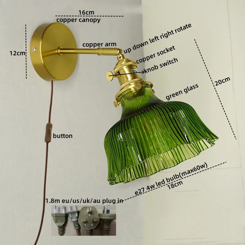 Afralia™ Nordic LED Wall Lights Pull Chain Switch Copper Glass Home Decor