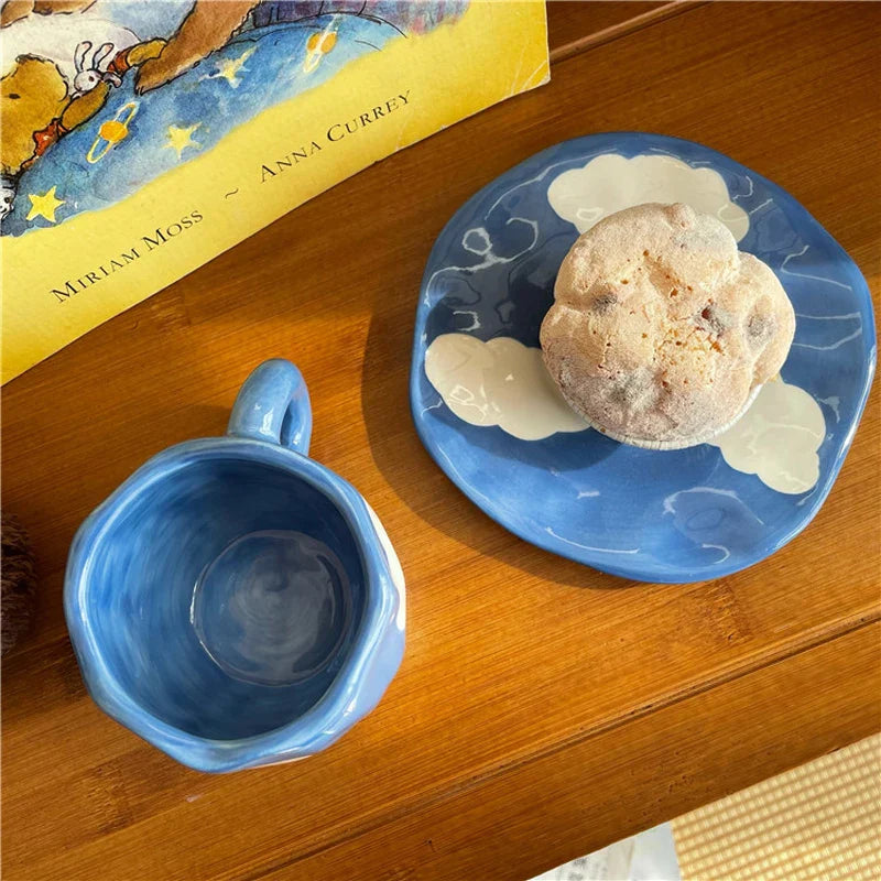 Afralia™ Handmade Blue Sky Coffee Mug with Saucer Set