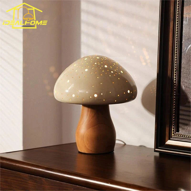 Afralia™ Ceramic Mushroom Table Lamp LED Wood Art Decor Desk Light