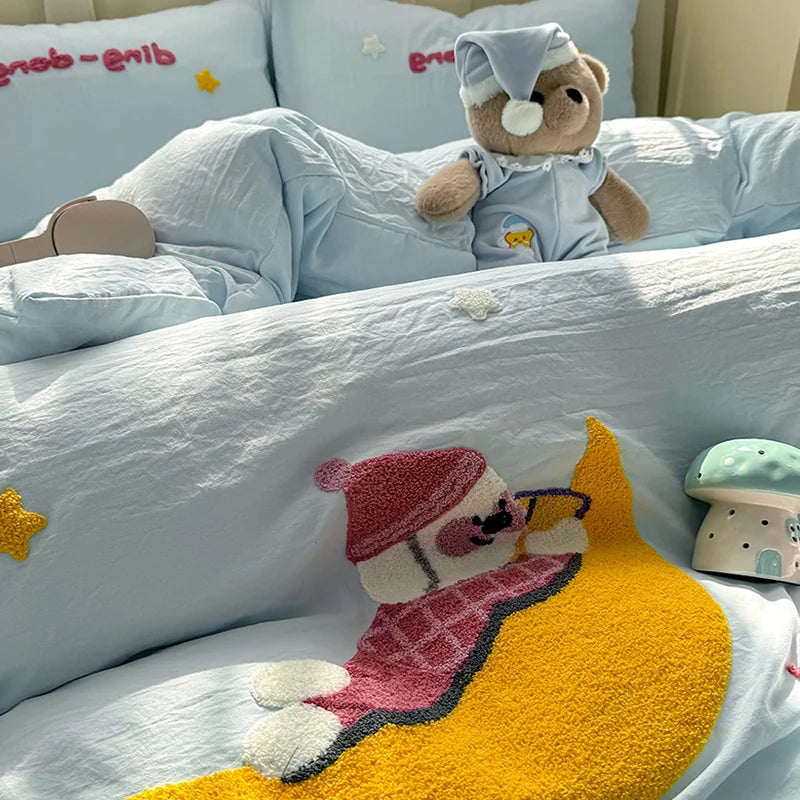 Afralia™ Cartoon Towel Embroidery Bedding Set - Queen Size Bedclothes