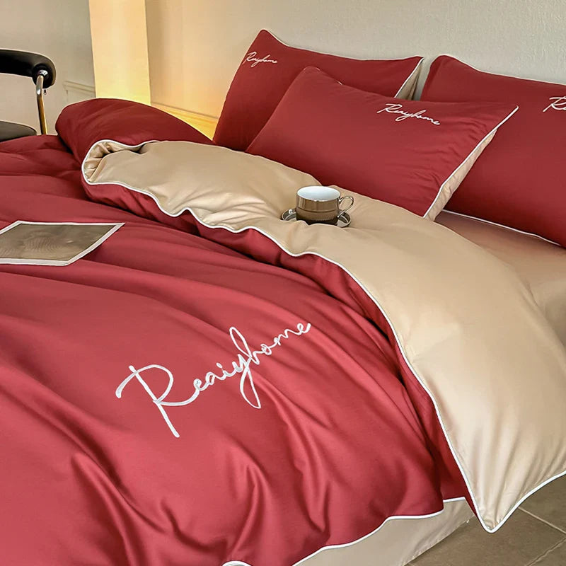 Afralia™ Pure Cotton Luxury Embroidery Bedding Set - Nordic Solid Color Duvet Bedclothes