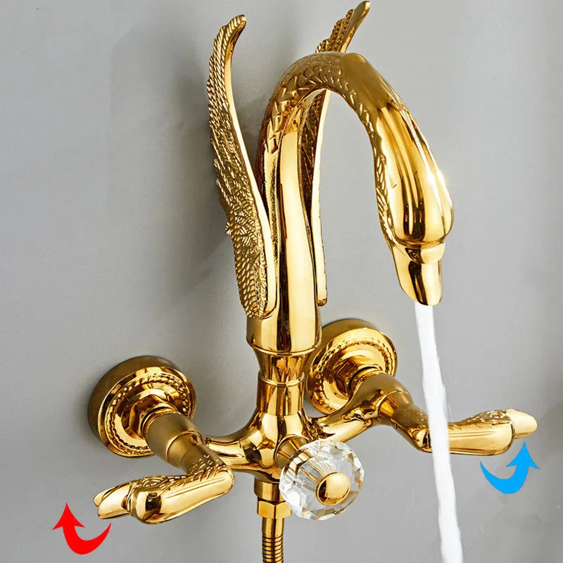 Afralia™ Swan Gold Bathroom Shower Faucet Set with Rainfall Mixer Tap