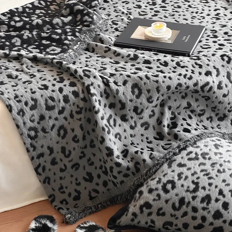 Afralia™ Leopard Print Luxury Mink Fur Blanket for Bed and Sofa
