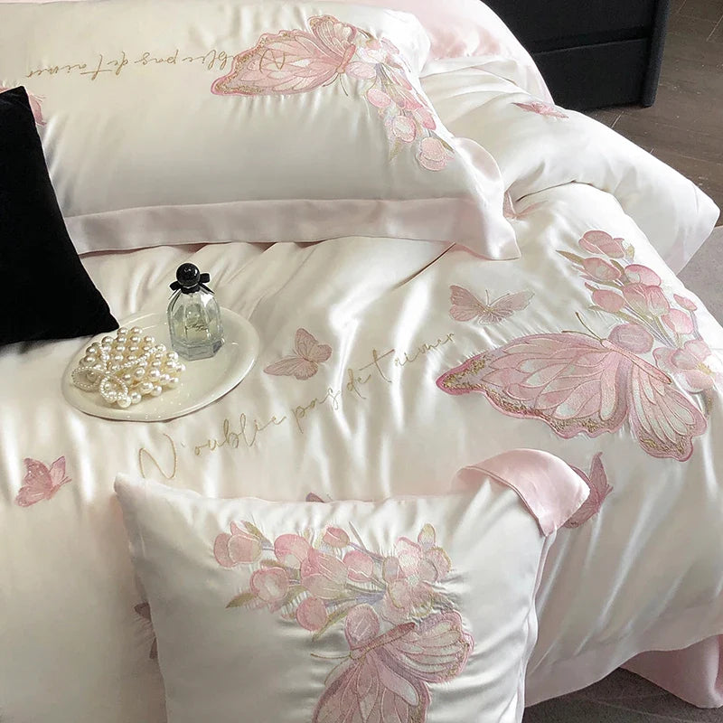 Afralia™ Pink Butterfly Flowers 1000TC Egyptian Cotton Bedding Set - 4Pcs
