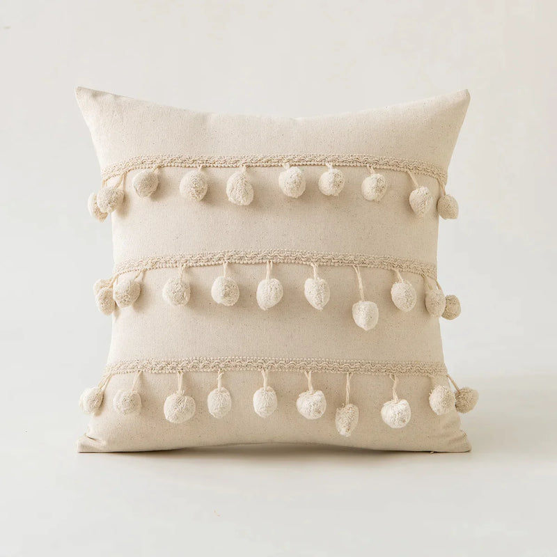 Afralia™ Beige Tufted Fringed Cushion Cover Cotton Linen Tassel Crochet Pillow Cover