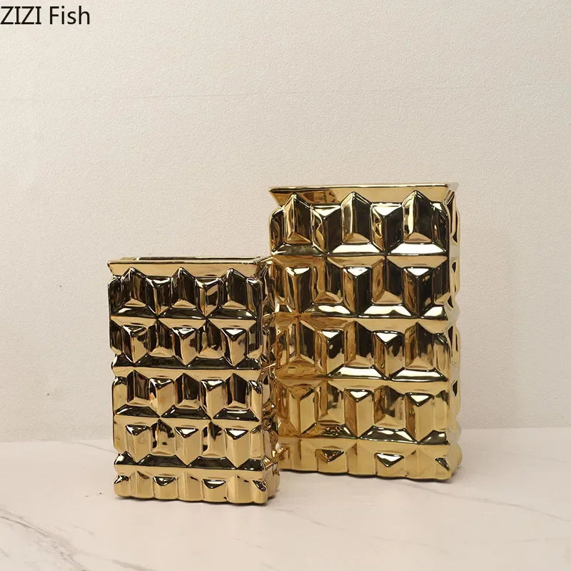 Afralia™ Golden Square Ceramic Vase with Artificial Flowers for Room Aesthetic Decor