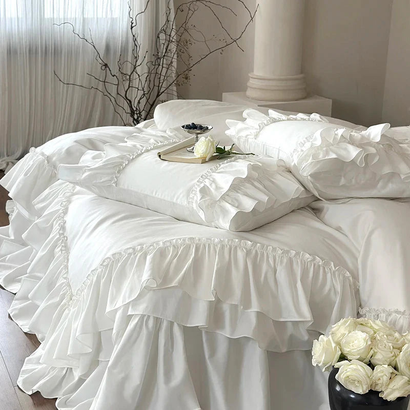 Afralia™ White French Princess Double Ruffles 1000TC Cotton Bedding Set