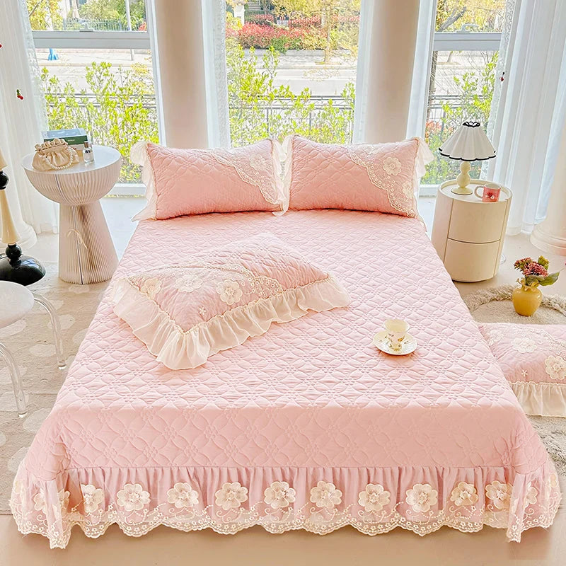 Afralia™ Pink Cotton Quilted Bedspread Set with Lace Edge and Pillowcases