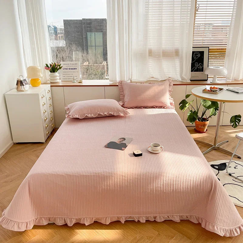 Afralia™ Quilted Cotton Queen Bed Cover Set with Ruffles - Soft & Comfortable Home Bedspread