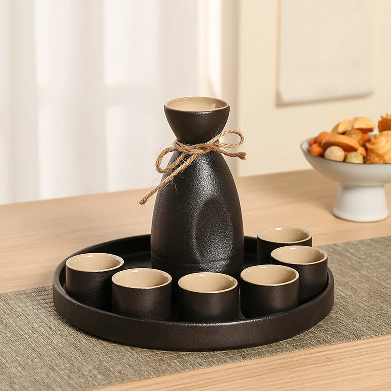 Afralia™ Black Ceramic Wine Warmer & Sake Pot for Home, Handcrafted Japanese Design