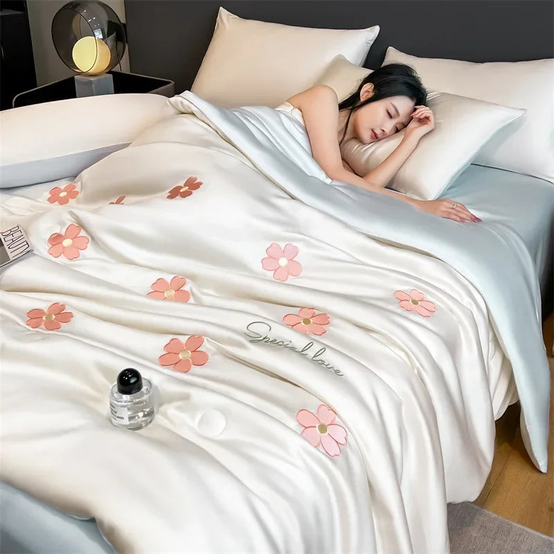 Afralia™ Washed Satin Embroidered Cool Blanket - Soft Skin-Friendly Summer Quilt