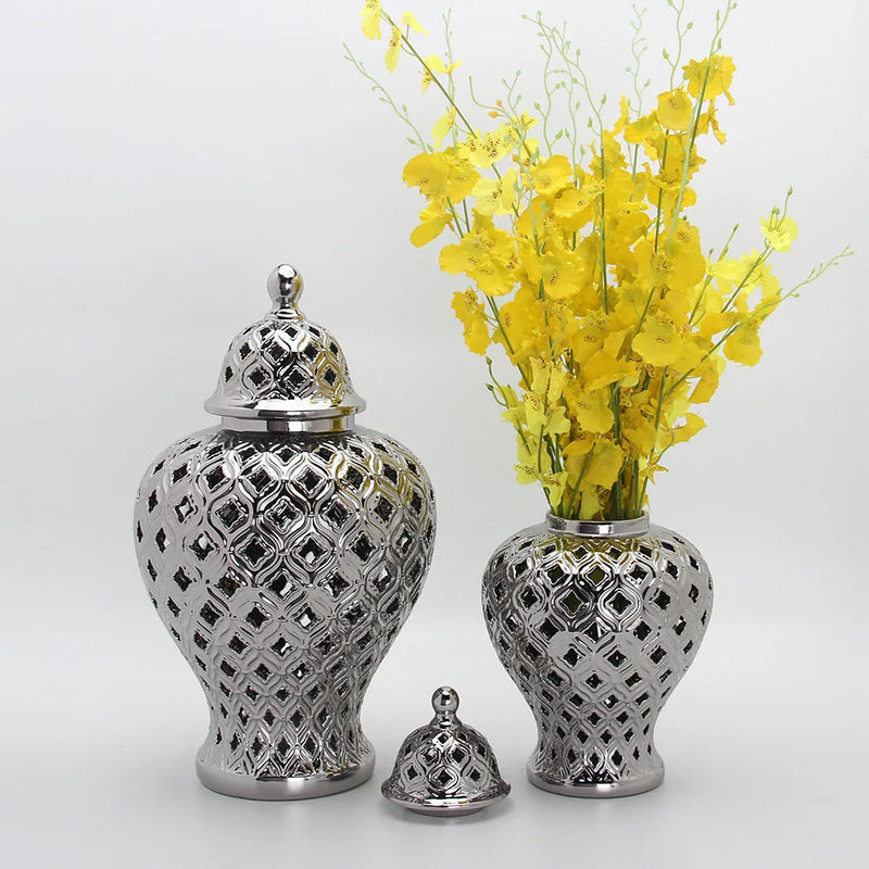 Afralia™ Vintage Hollow Ginger Jar Candy Jar Gold Silver Art Vase Decoration